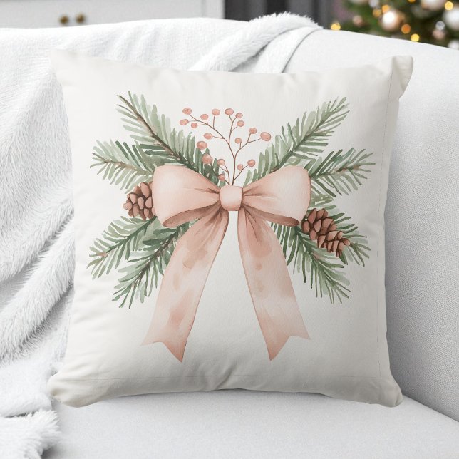 Waterverf Pastel Roze Beige Kerst Bow Pine Kussen (Watercolor Pastel Pink Beige Christmas Bow Pine Throw Pillow)