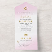 Waterverf Pastel Roze Gouden Bat Mitzvah All In One Uitnodiging (Binnen)