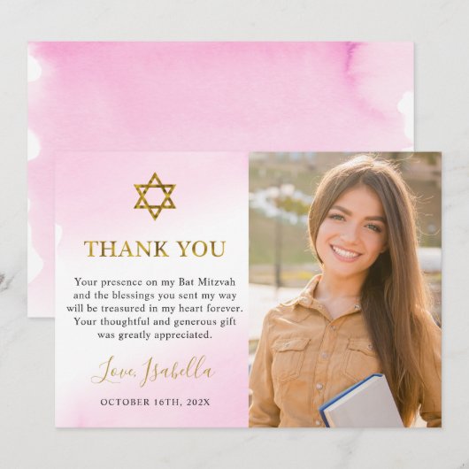 Waterverf pastel roze gouden vleermuis mitswa foto bedankkaart (Voorkant / Achterkant)