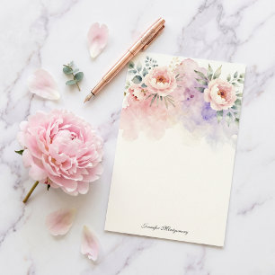 Waterverf Pastel Roze Lavendel Pioen Roos Briefpapier
