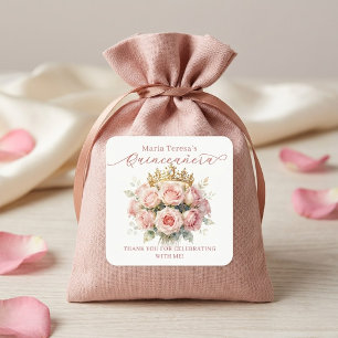 Waterverf Pastel Roze Roze Gouden Tiara Quinceañer Vierkante Sticker
