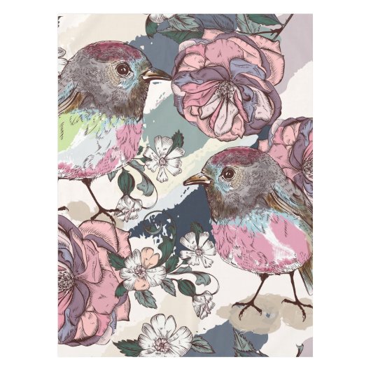 Waterverf Pastel Roze vogels en bloemen Tafelkleed (Voorkant)