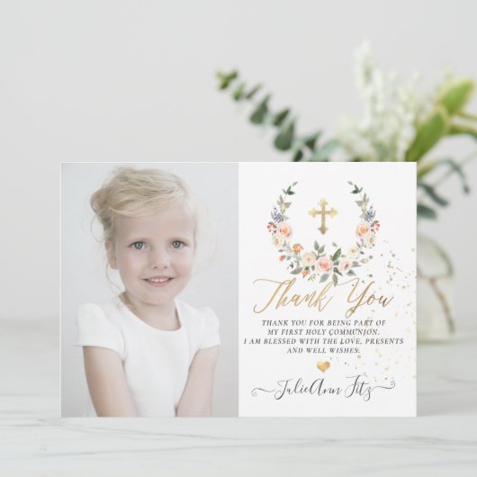 Waterverf Pastel Rozen Communie Dank u Kaart (Staand voorkant)