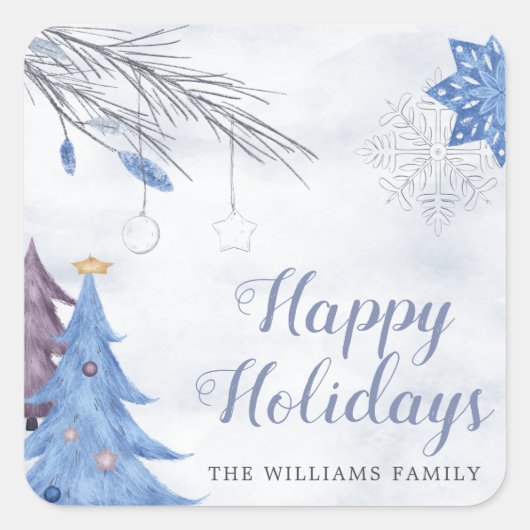 Waterverf pastelblauw happy holiday Monogram Vierkante Sticker (Voorkant)