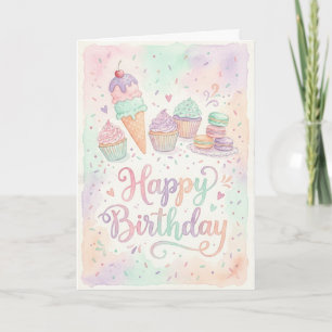 Waterverf Pastelkleurige Cupcake Verjaardag Kaart
