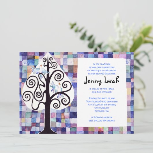 WATERVERF PATCHWORK TREE Bat Mitzvah Uitnodiging (Staand voorkant)