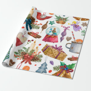Waterverf Patroon met kerstversiering met Vintage Cadeaupapier
