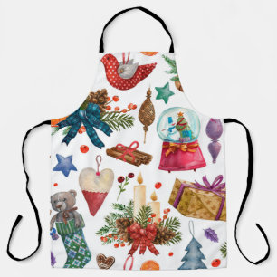 Waterverf Patroon met kerstversiering met Vintage Schort