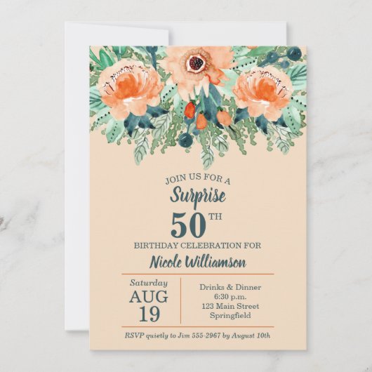 Waterverf Peach Floral 50th Birthday Invitations (Voorkant)