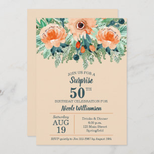 Waterverf Peach Floral 50th Birthday Invitations