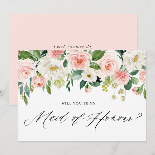 Waterverf Peach Florals is mijn dienstmeisje van e Kaart (Voorkant / Achterkant)