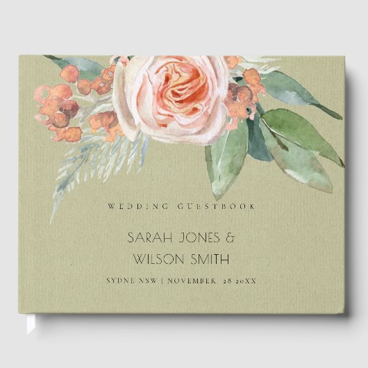 WATERVERF PEACH FLOWER GREEN FOLIAGE MONOGRAM GASTENBOEK (Voorkant)