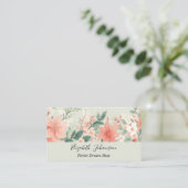 Waterverf Peach Fuzz Greenery Flowers Script Naam Visitekaartje (Staand voorkant)