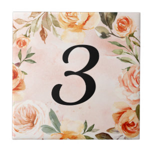 Waterverf Peach marine Floral House Number  Tegeltje