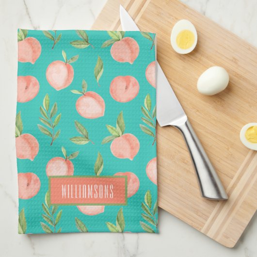 Waterverf Peach Pattern Personalized Turquoise Theedoek (Quarter Fold)