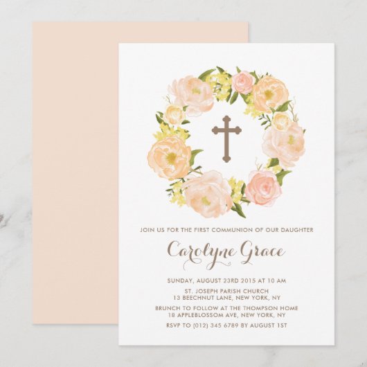 Waterverf Peach Peony Wreath First Holy Communion Kaart (Voorkant / Achterkant)
