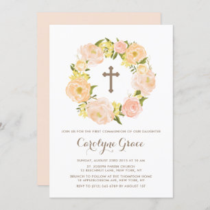 Waterverf Peach Peony Wreath First Holy Communion Kaart