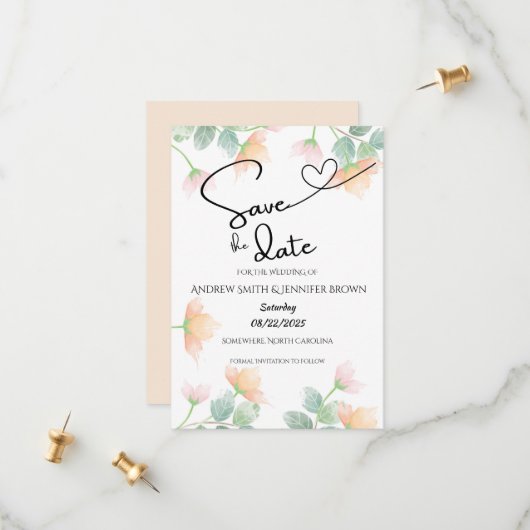 Waterverf Peach & Sage Semi-Transparant Bruiloft Save The Date (Voorkant / Achterkant in situ)