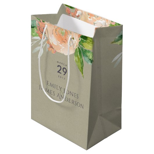 WATERVERF PEACH-STROOM GROENE FOLIAGE WEDDING MEDIUM CADEAUZAKJE (Voorkant Gekanteld)