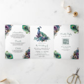 Waterverf Peacock Bloemen Veer QR Code Bruiloft Drieluik Uitnodiging (Binnen)