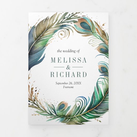 Waterverf Peacock Bloemen Veer QR Code Bruiloft Drieluik Uitnodiging (Cover)