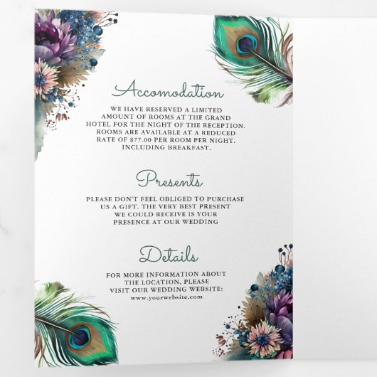 Waterverf Peacock Bloemen Veer QR Code Bruiloft Drieluik Uitnodiging (Binnenzijde eerst)