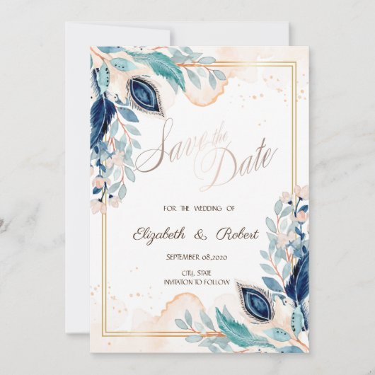 Waterverf Peacock Floral slaat de datum op Save The Date (Voorkant)