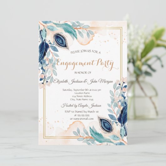 Waterverf Peacock Floral Verloving Uitnodiging (Staand voorkant)