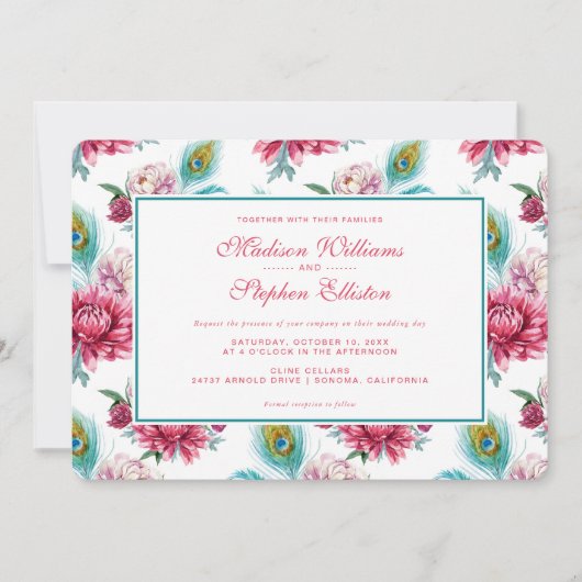 Waterverf Peacock & Red Floral - bruiloft Kaart (Voorkant)