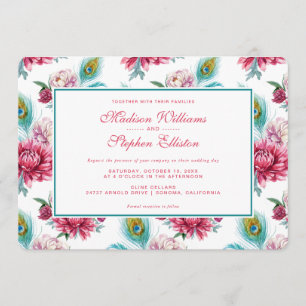 Waterverf Peacock & Red Floral - bruiloft Kaart