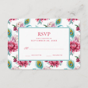 Waterverf Peacock & Rode Floral - Bindende RSVP Kaartje