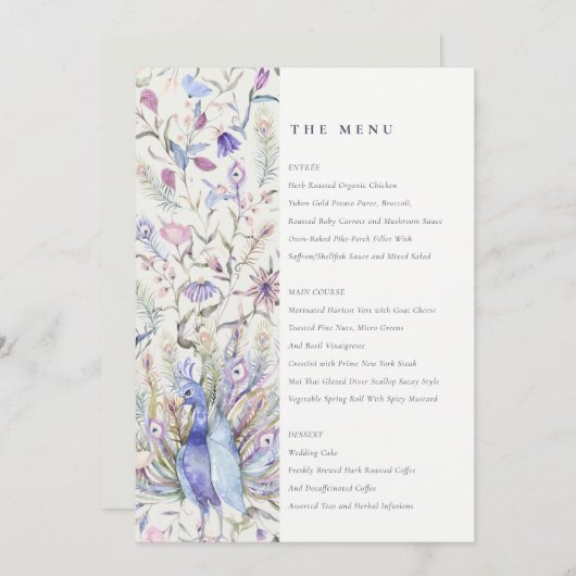 Waterverf Peacock Wedding Menu Soft Classy Kaart (Voorkant / Achterkant)