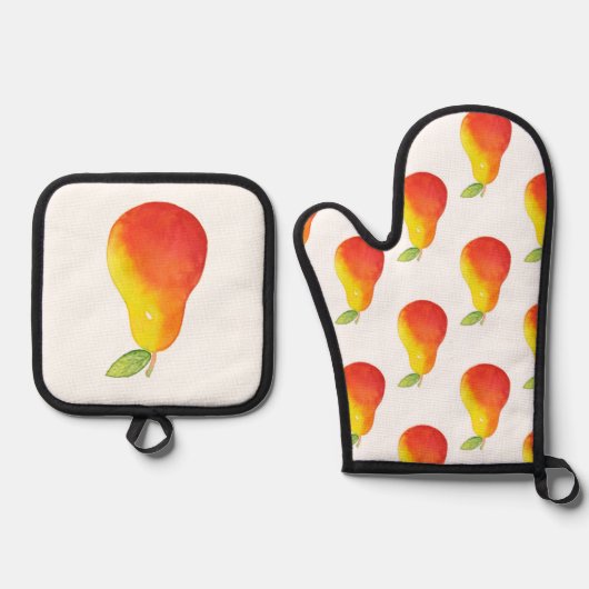 Waterverf Pear & Pear Pattern Ovenwant & Pannenlap Set (Voorkant)