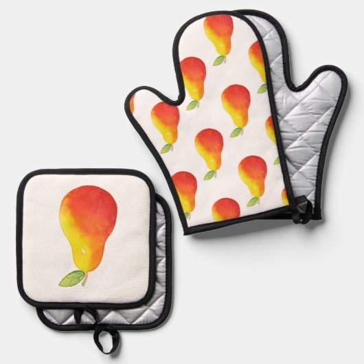 Waterverf Pear & Pear Pattern Ovenwant & Pannenlap Set (Voorkant / Achterkant)