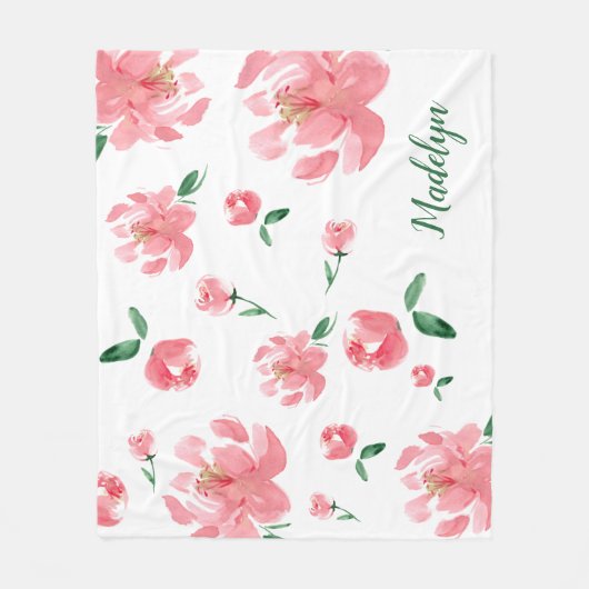 Waterverf Peonies Green Script Custom Name Fleece Deken (Voorkant)