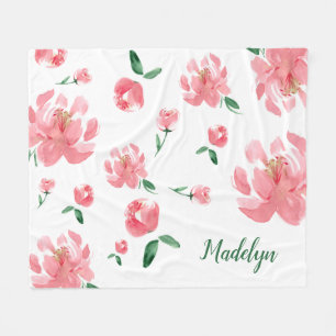 Waterverf Peonies Green Script Custom Name Fleece Deken