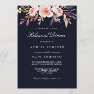 Waterverf Peonies Navy Wedding Rehearsal Dinner Kaart