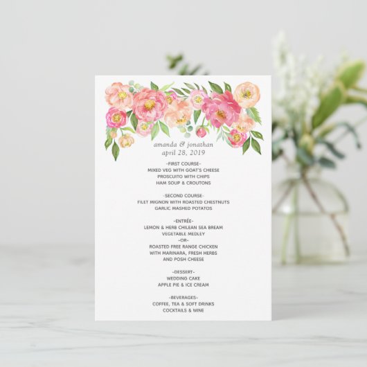 Waterverf Peonies Wedding Menu (Staand voorkant)