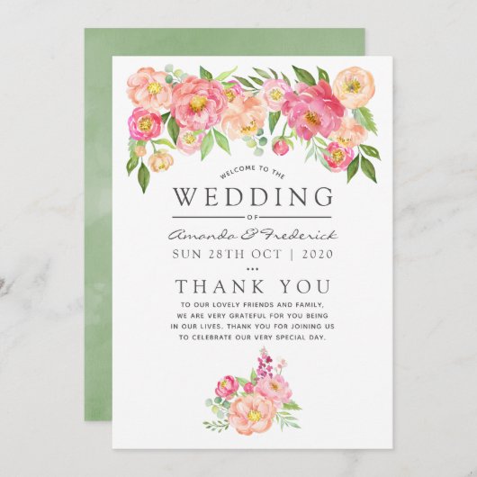 Waterverf Peonies Wedding Programma (Voorkant / Achterkant)