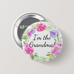 Waterverf Peony Baby shower Ik ben Grandma Name Ta Ronde Button 5,7 Cm