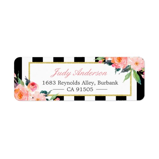 Waterverf Peony Flowers Black White Stripes Etiket (Voorkant)