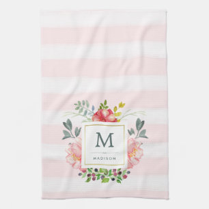 Waterverf Peony Flowers met Monogram en Stripes Theedoek