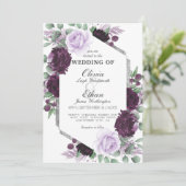 Waterverf Peony Paars Gray Silver Fall Wedding Kaart (Staand voorkant)