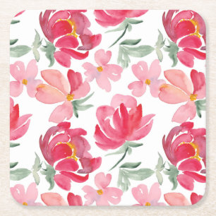 Waterverf Peony Pattern Vierkante Kartonnen Onderzetter