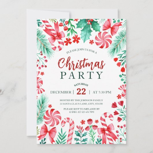 Waterverf Peppermint Candy Canes Kerstfeest Kaart (Voorkant)