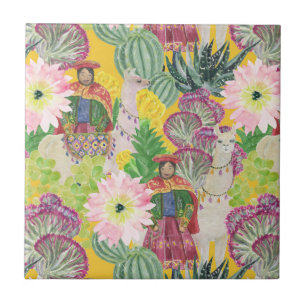 Waterverf Peruaanse vrouw en Llama Pattern Tegeltje