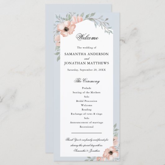 Waterverf perzik bloemig stoffig blauw bruiloft pr programma (Voorkant / Achterkant)