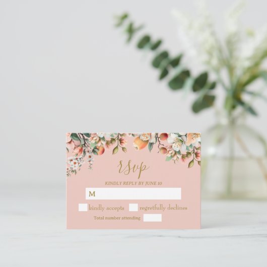 Waterverf Perzik en Gouden Bloemen RSVP Informatiekaartje (Staand voorkant)