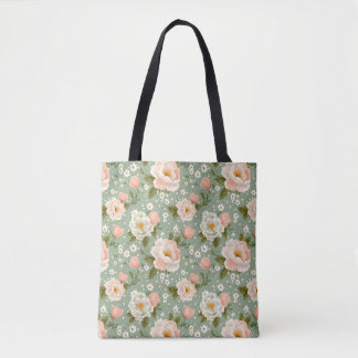 Waterverf Perzik en Groene Bloemen Draagtas