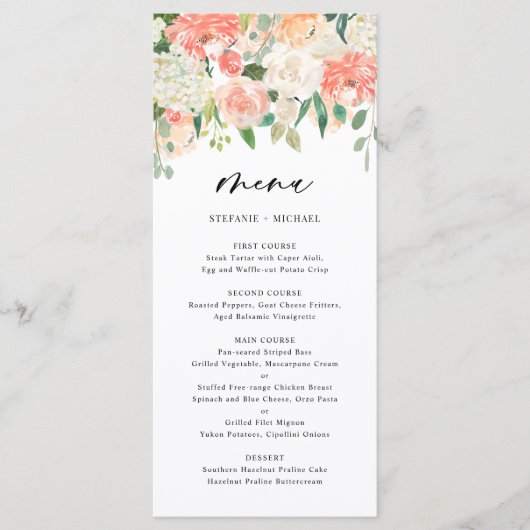 Waterverf Perzik en Ivory Flowers Wedding Menu (Voorkant)